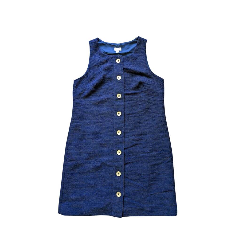 J.Crew Tweed Button Front Shift Dress Womens 10 Blue-Gold Minimalist Old Money